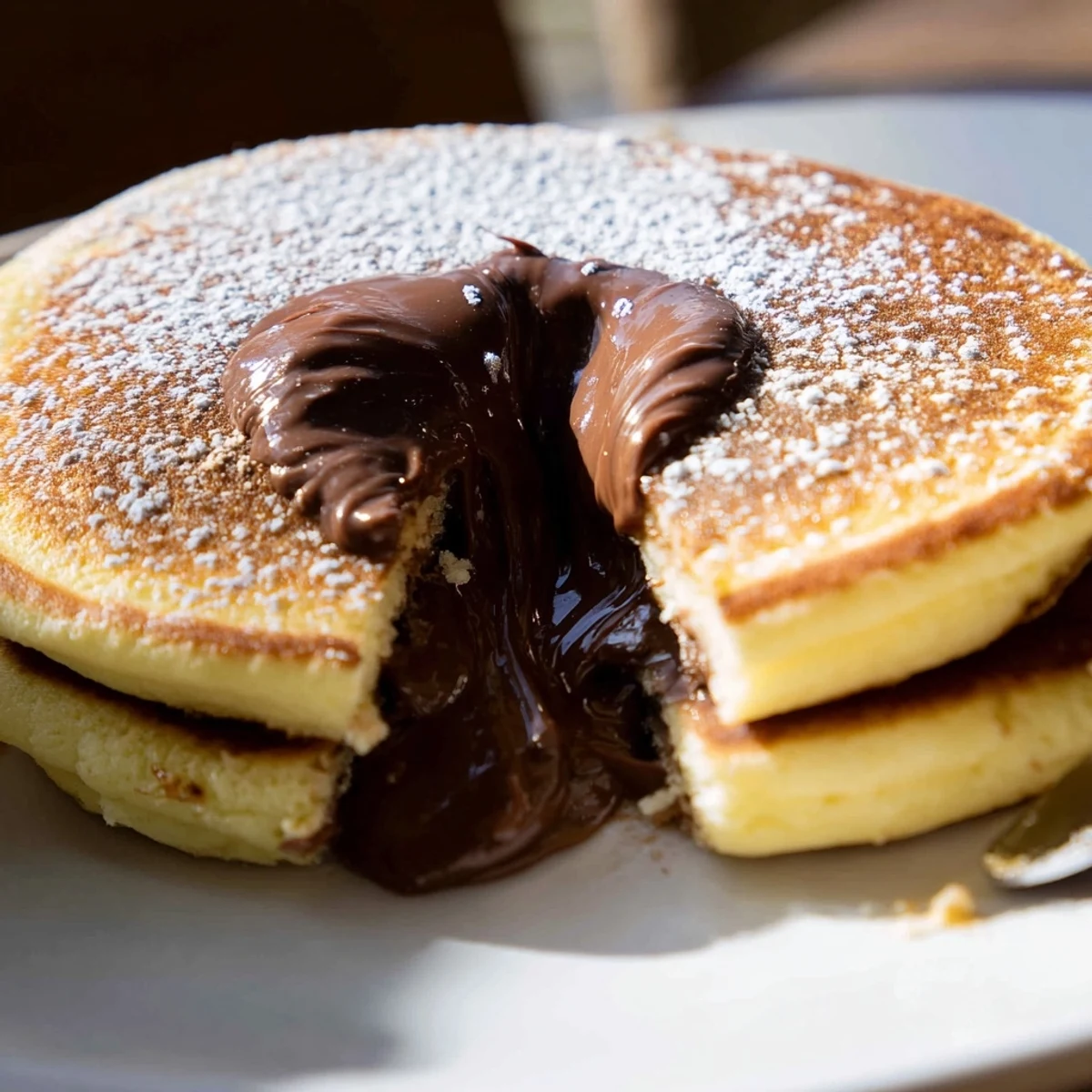 Fluffy Nutella Stuffed Pancakes served warm with powdered sugar and sliced bananas on a breakfast table.  