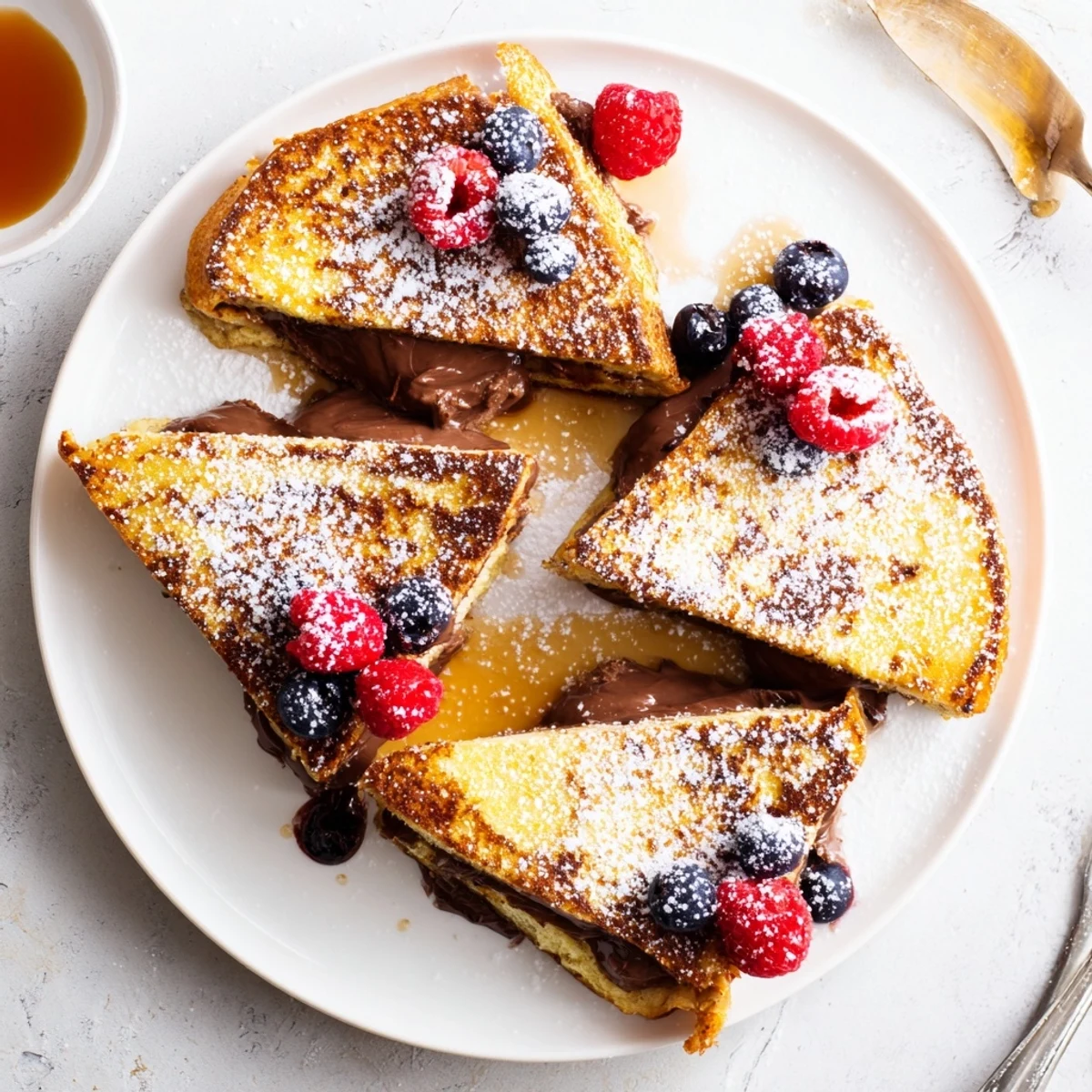 Fluffy Nutella Brioche French Toast served warm with a side of mixed berries and a generous dusting of powdered sugar.