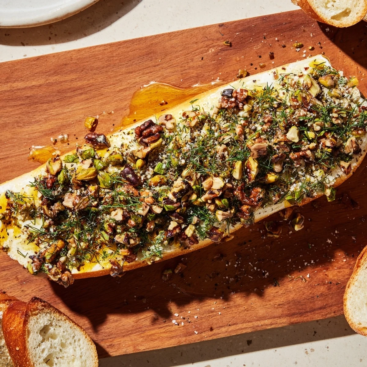 Creamy Flavored Butter Board Charcuterie spread on a wooden board, topped with honey, nuts, and fresh herbs.