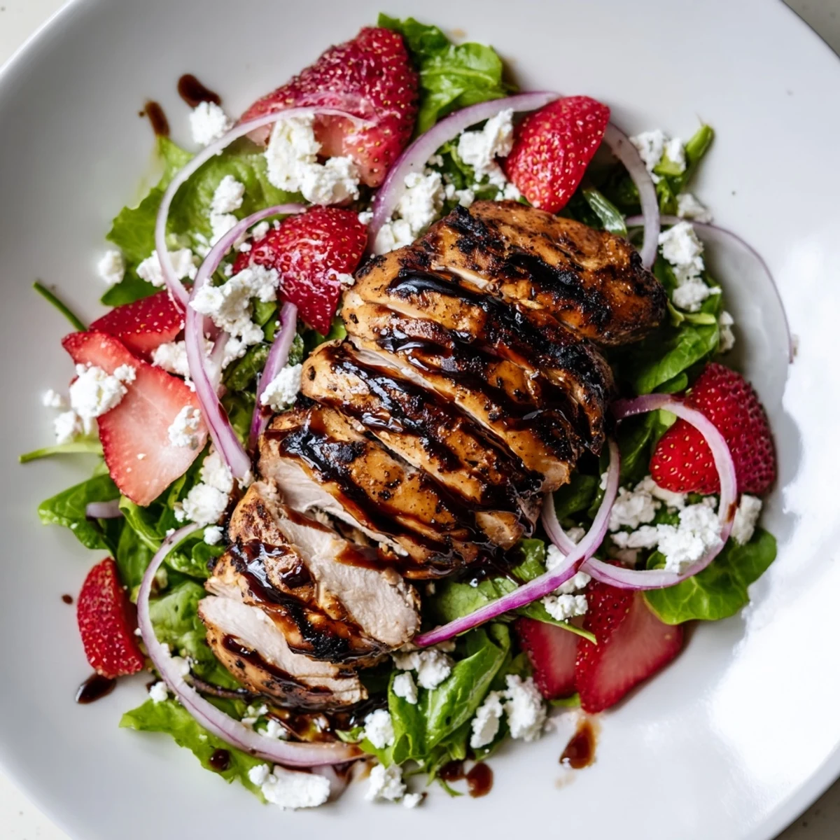 Juicy grilled chicken slices fanned out over a vibrant bed of mixed greens, fresh strawberries, and creamy goat cheese drizzled with honey balsamic glaze.  