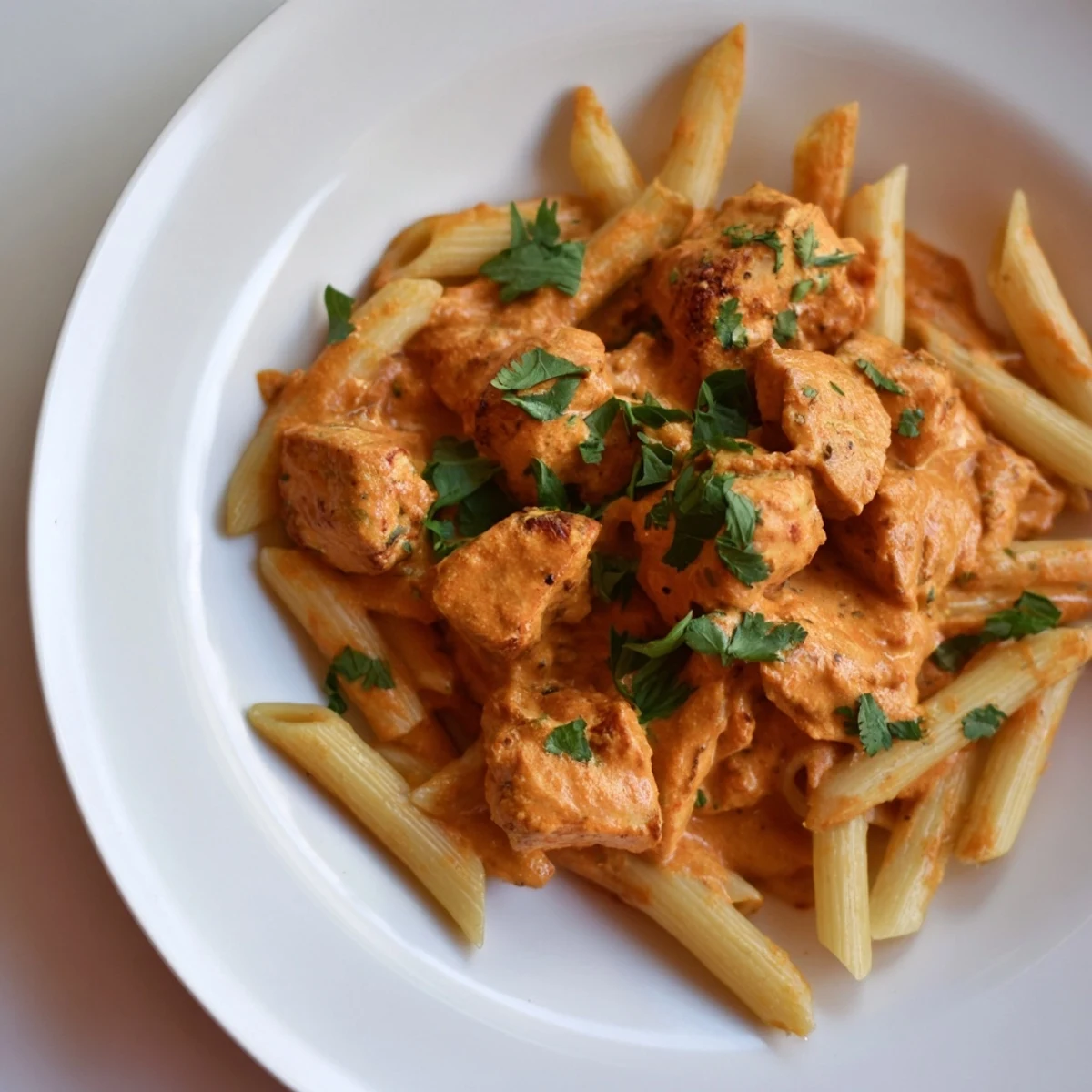 Creamy Chicken Tikka Pasta with charred chicken tikka pieces tossed in a spiced tomato cream sauce and penne, topped with fresh cilantro.