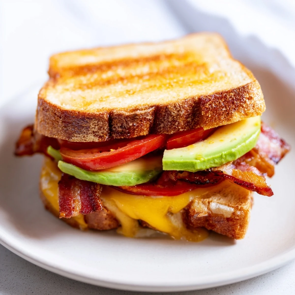Golden-brown grilled cheese sandwich sliced on a cutting board, showcasing melted cheddar, crispy bacon, ripe avocado, fresh tomato, and crisp lettuce in the Avocado BLT Grilled Cheese.