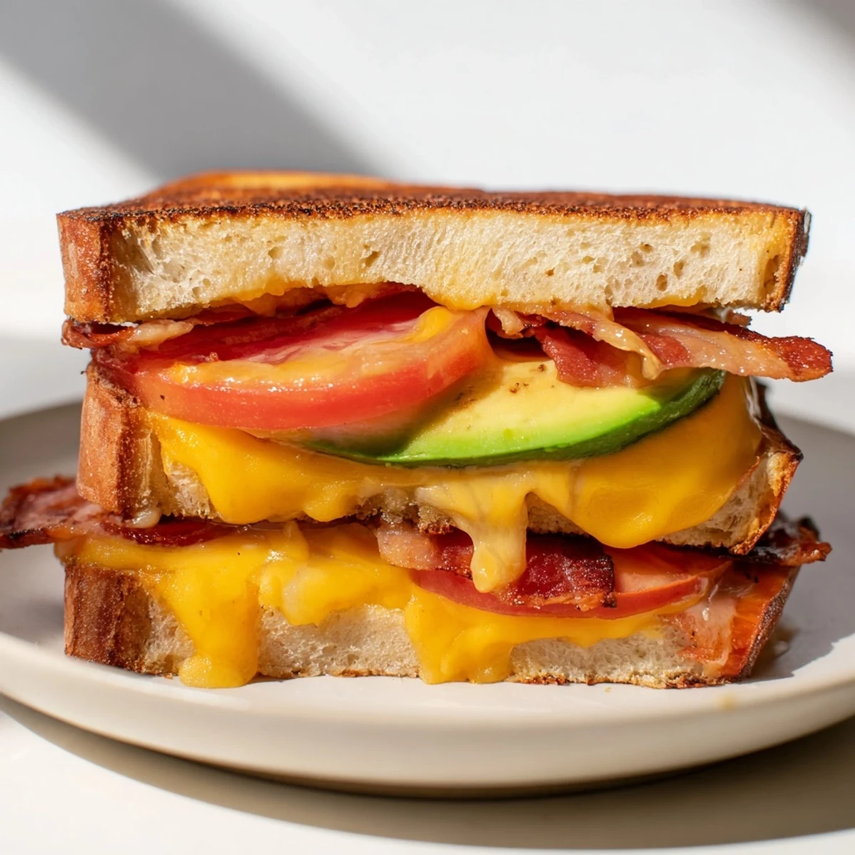 The Avocado BLT Grilled Cheese sits on a white plate, steam rising from the golden crust, with a side of ripe tomato and crisp lettuce leaves.