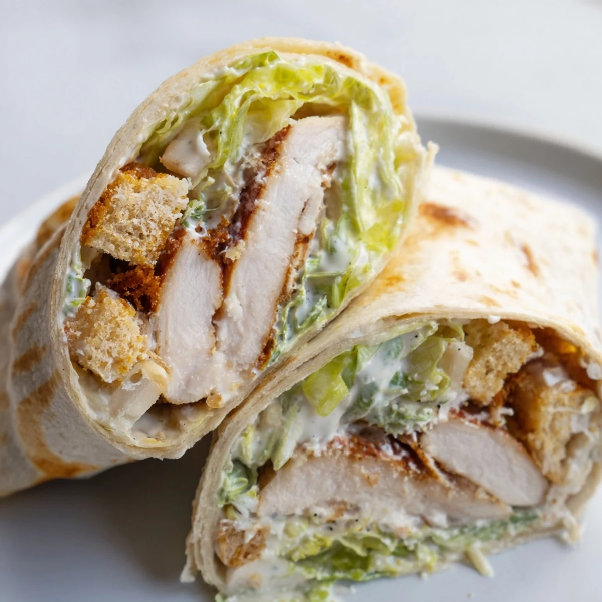 Grilled chicken, crisp romaine, and creamy Caesar dressing fill a soft tortilla wrap for a hearty handheld meal.  