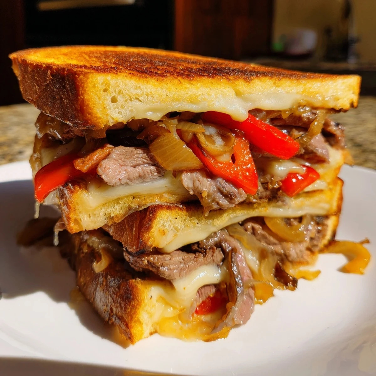 Golden-brown grilled cheese sandwich filled with ribeye steak strips, sautéed bell peppers, and onions, topped with melted provolone.  