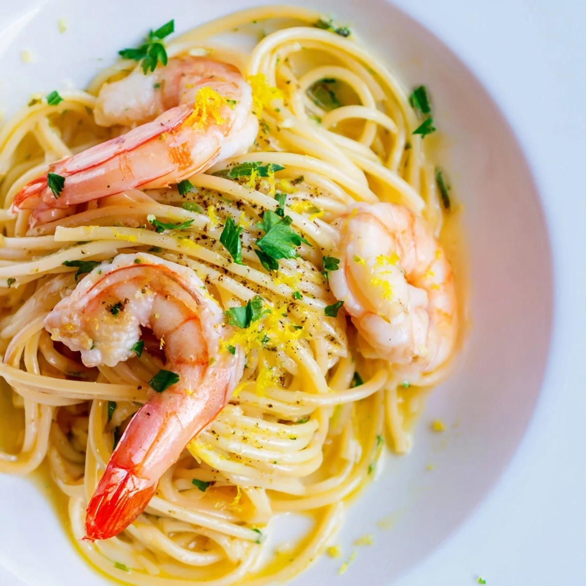 Garlic Butter Shrimp Linguine tossed in a rich, garlicky sauce and topped with fresh parsley and lemon zest.