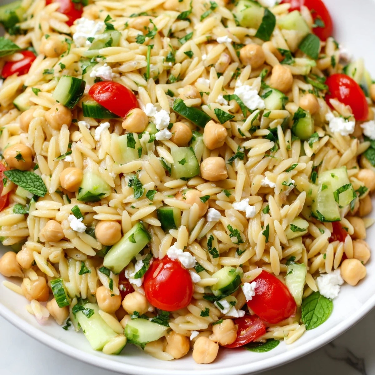 Fresh Lemony Chickpea Orzo Salad with crisp cucumber and tomatoes, served on a bright plate.  