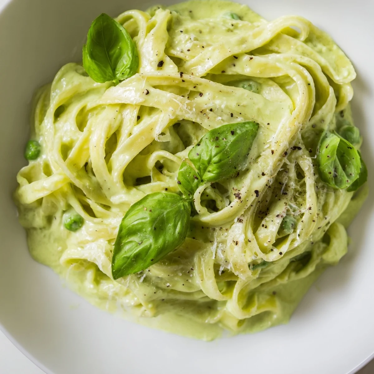 Creamy Green Pea Alfredo with fettuccine pasta swirled in a vibrant, bright green sauce featuring sweet peas and fresh basil garnish.