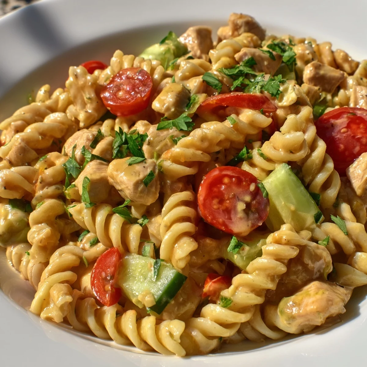 Fusilli pasta salad tossed with diced chicken, cherry tomatoes, and crisp cucumber in a zesty honey-mustard dressing for a refreshing meal.