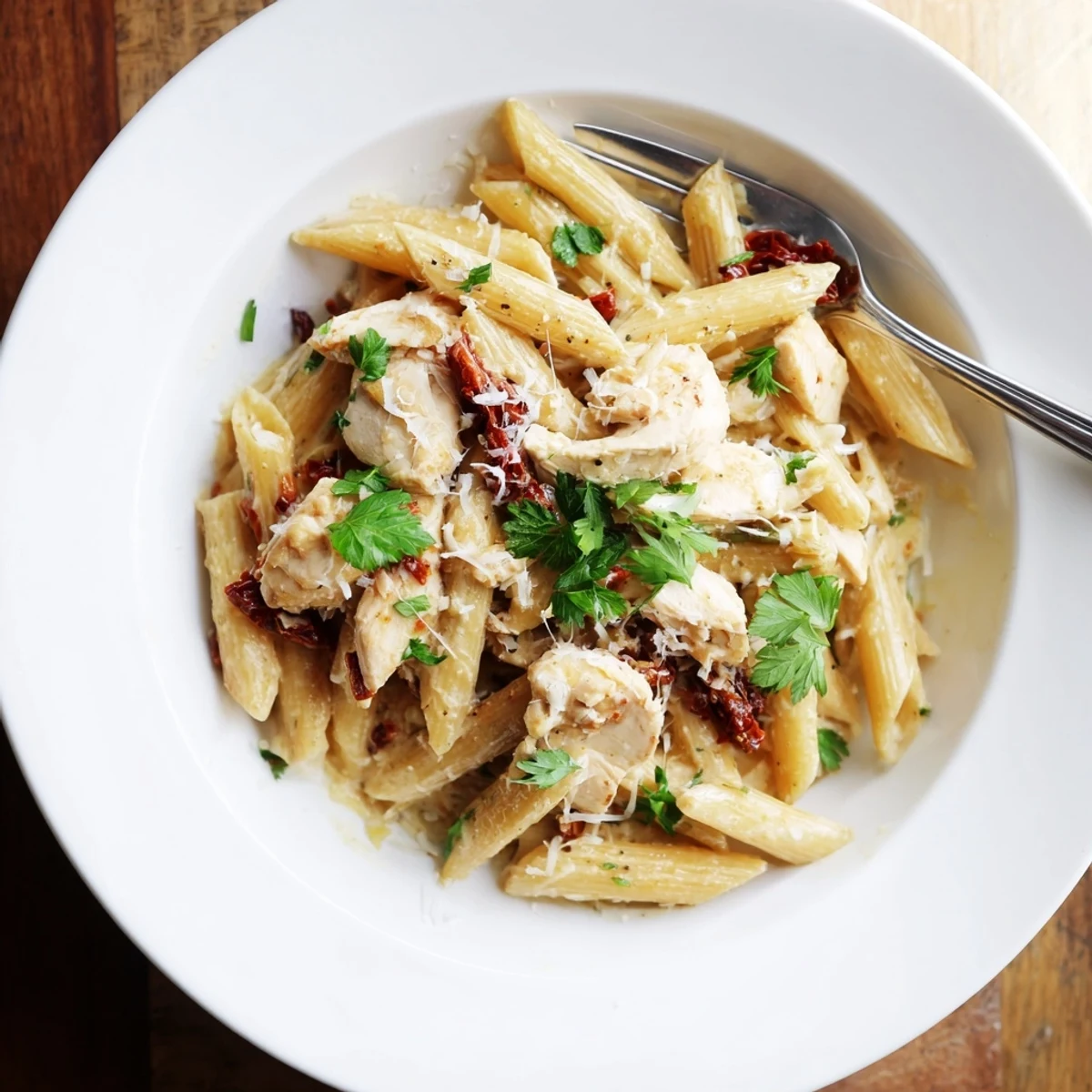 Spoon lifting a bite of Creamy Sun-Dried Tomato Chicken Pasta, highlighting creamy sauce, chopped basil garnish, and glistening sun-dried tomatoes.