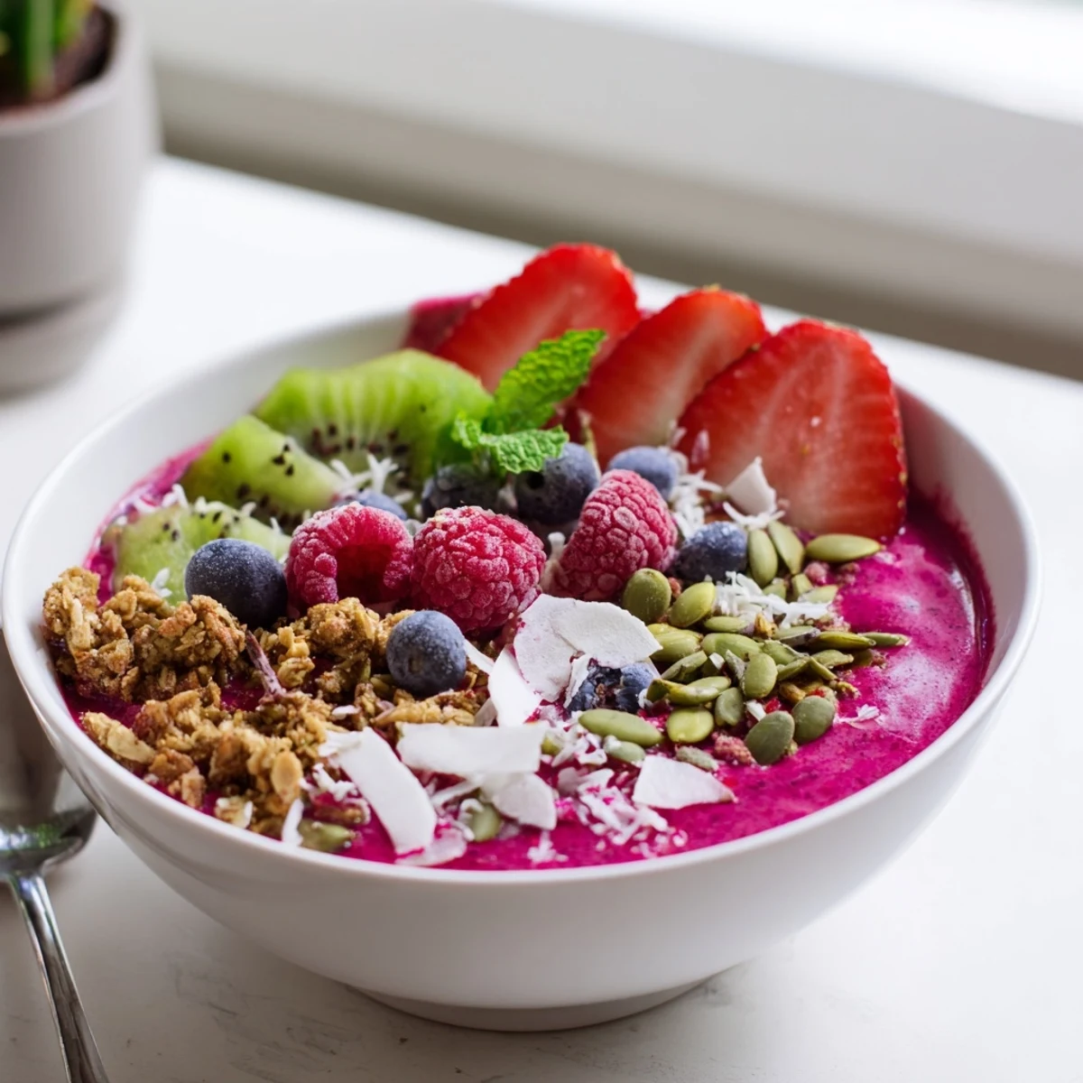 A vibrant Beet and Berry Smoothie Bowl topped with crunchy granola, fresh kiwi, and pumpkin seeds for a nutritious breakfast.  