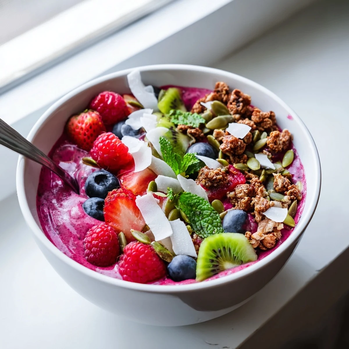 Two bowls of Beet and Berry Smoothie Bowl featuring a creamy pink base, assorted berries, and shredded coconut garnish.  