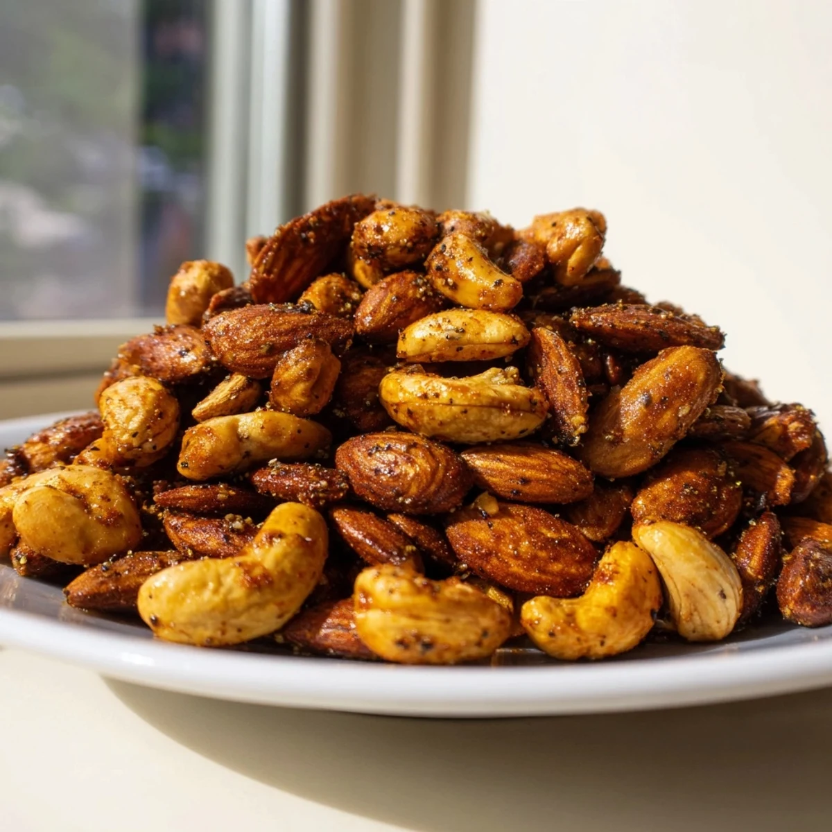 Golden toasted spiced nuts and seeds mix, a savory and sweet crunchy snack.