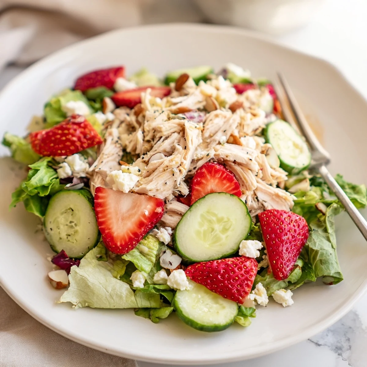Brightly colored Strawberry Poppy Seed Chicken Salad with tender shredded chicken, crisp cucumber slices, and sweet berries tossed in creamy poppy seed dressing.