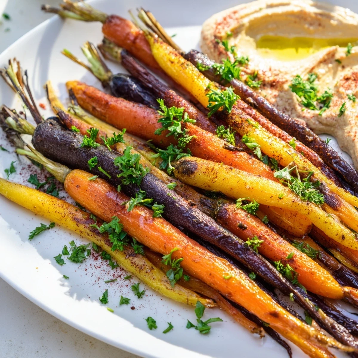 Vibrant rainbow carrots, oven-roasted with olive oil and cumin, arranged alongside a bowl of creamy homemade hummus garnished with paprika.