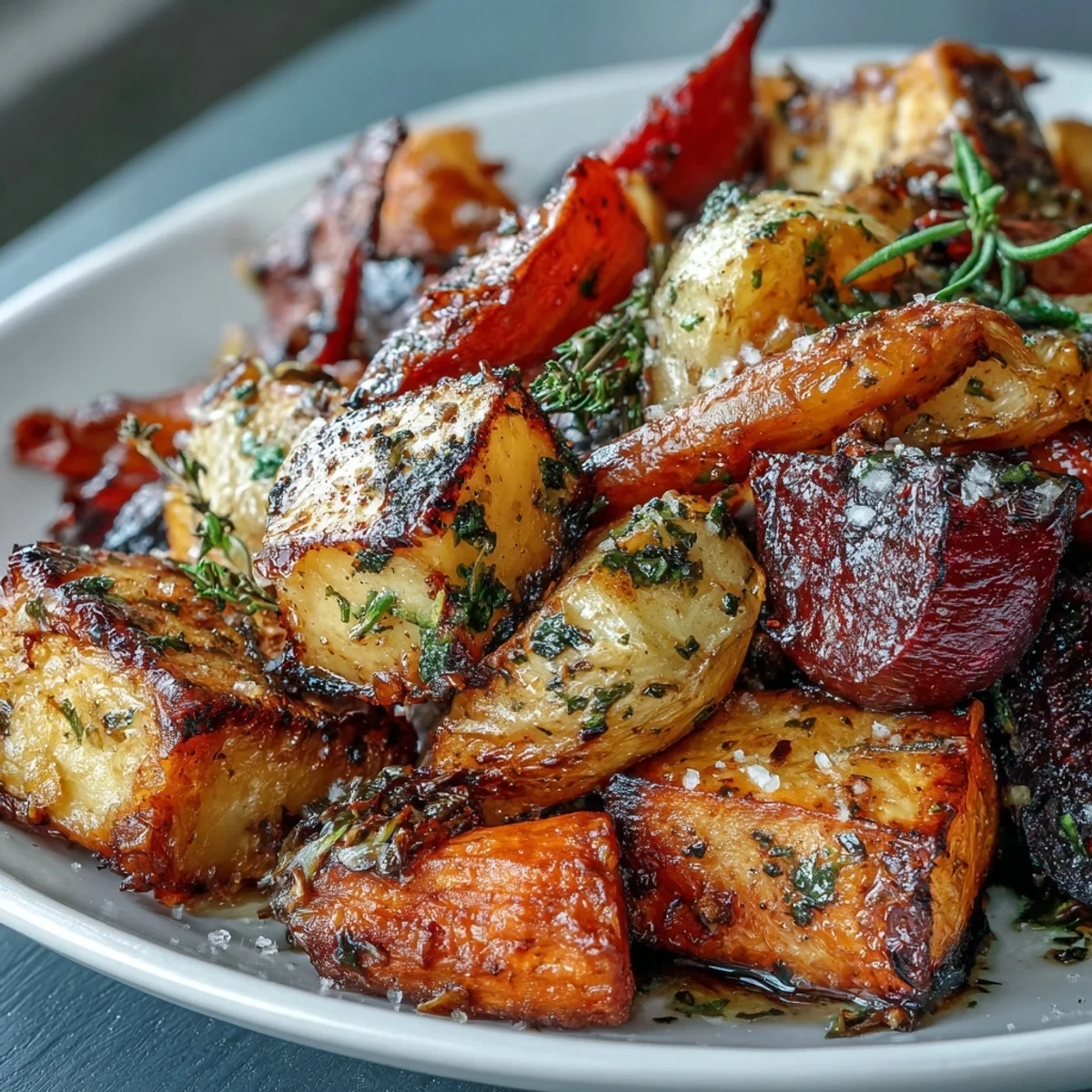 Roasted Root Vegetable Medley: caramelized sweet, earthy flavors, and vibrant colors.