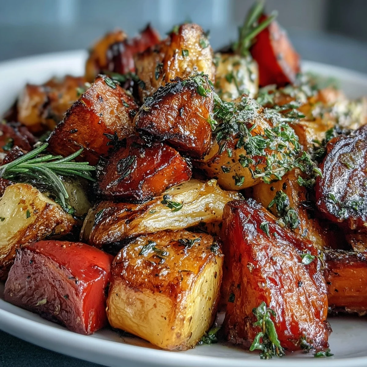 Colorful Roasted Root Vegetable Medley, showing a delicious mix of tender, oven-baked goodness.