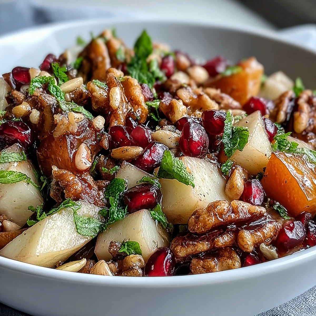 A close-up of Pomegranate and Walnut Salad with glistening ruby seeds, toasted walnuts, and fresh mint leaves on a rustic serving platter.  