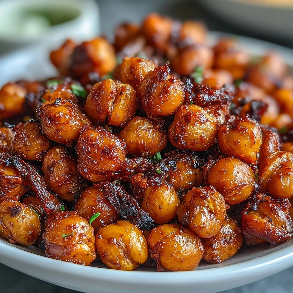 A close-up of Crispy Chickpea Snack, showing a crunchy texture with a side of fresh herbs.