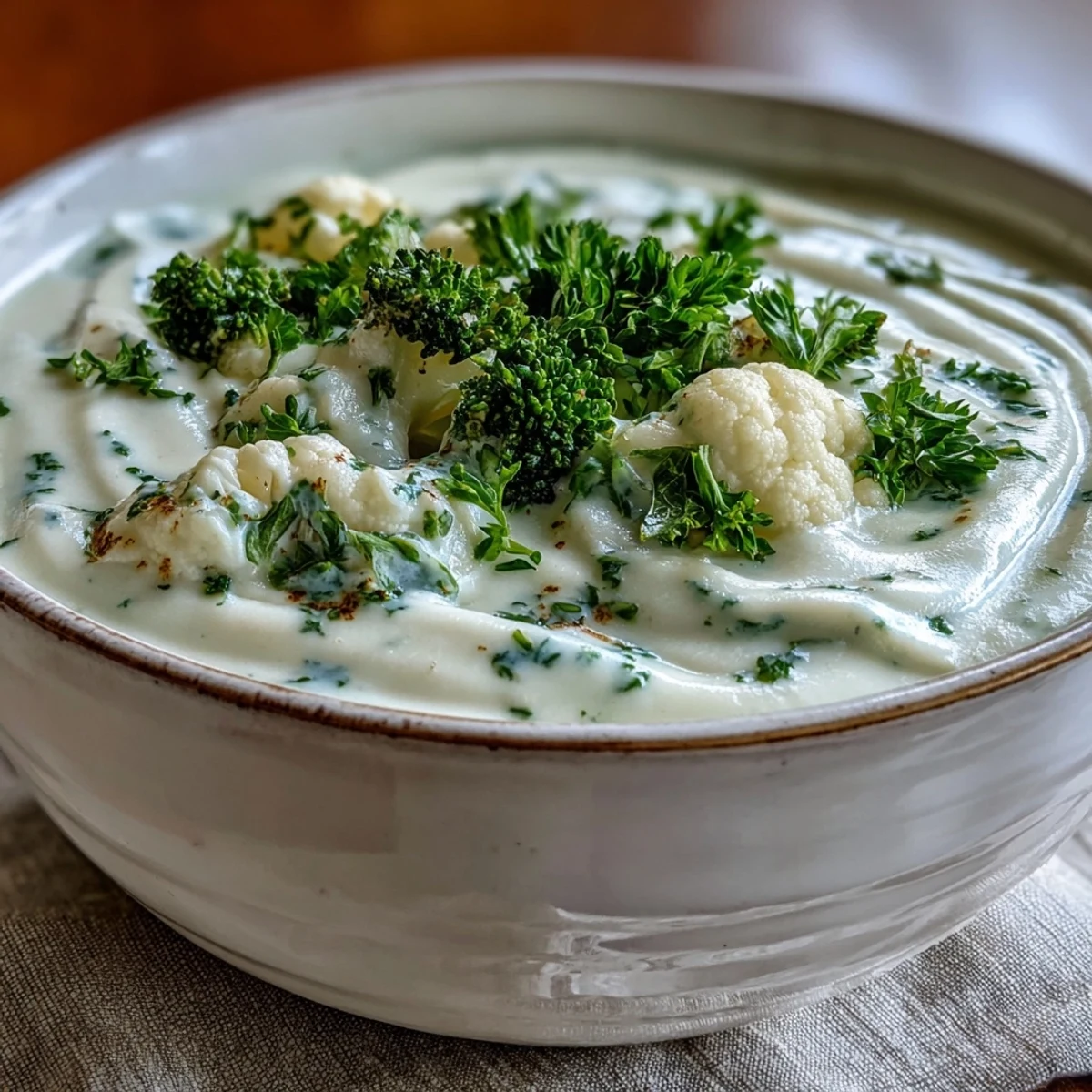 Creamy Vegetable Soup in a rustic bowl topped with fresh parsley, steam rising from the velvety broth.