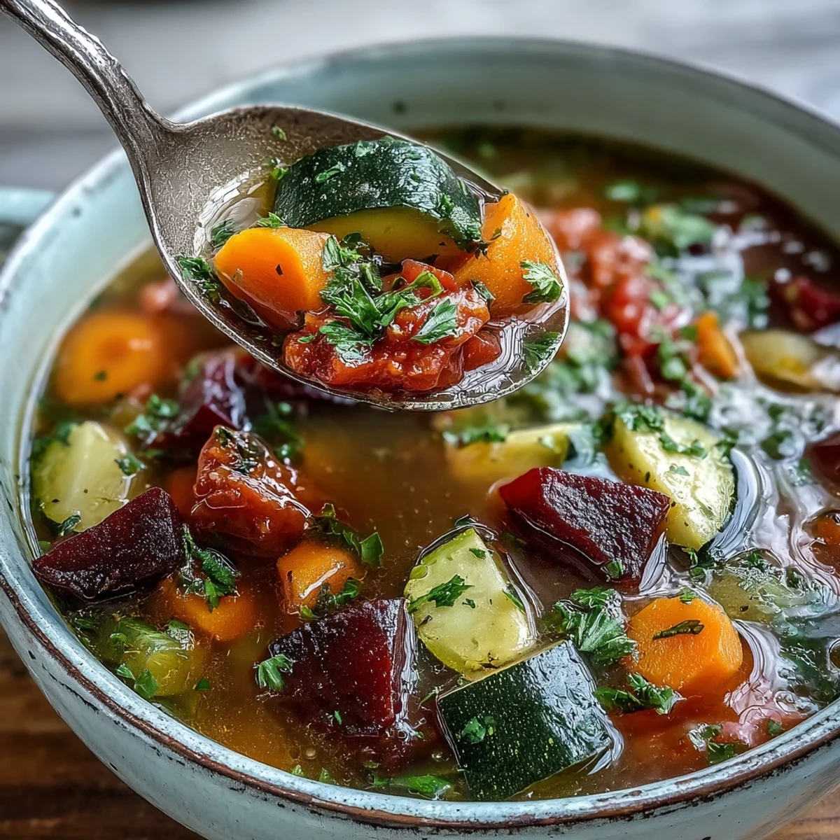 A steaming bowl of Rainbow Vegetable Detox Soup showcases bright red beets, orange carrots, and green zucchini. Vibrant, nourishing, and perfect for a light lunch.