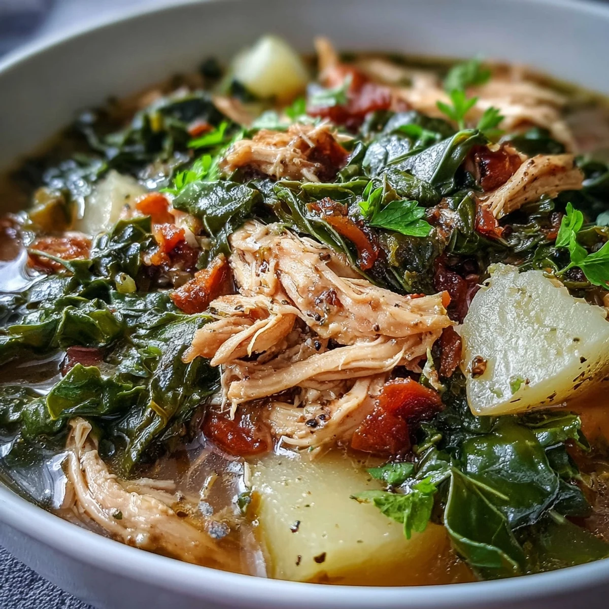 Shredded chicken and collard greens simmered in a rustic, hearty soup with potatoes.