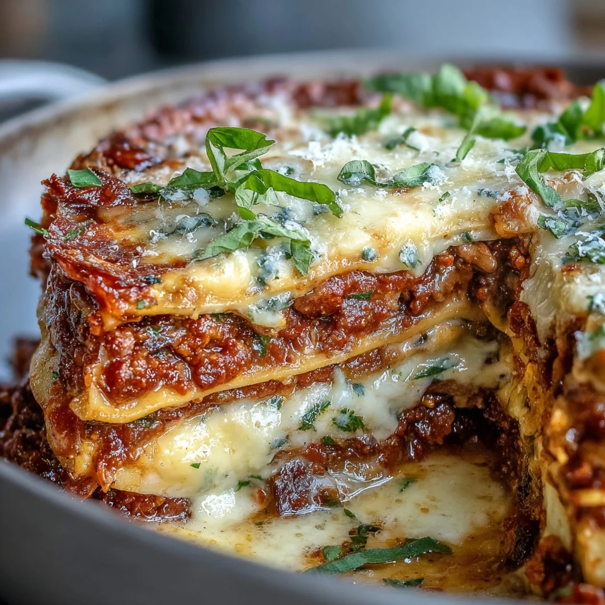 Close-up of the One-Pan Smoky Veggie Lentil Lasagne, showcasing no-boil pasta sheets layered with smoky mushroom and courgette bolognese.