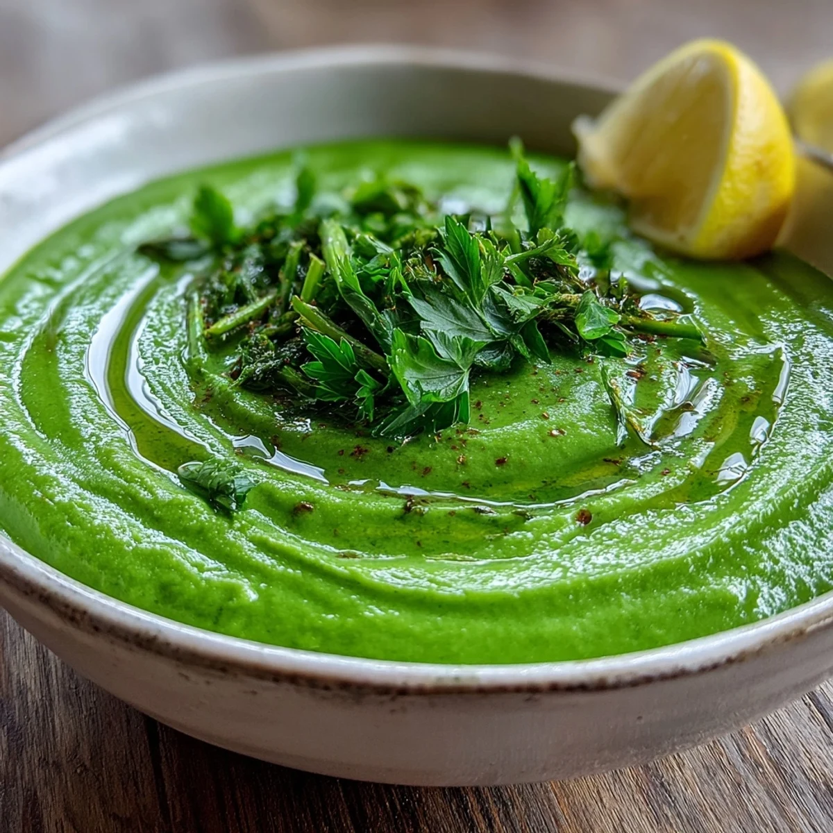 A vibrant bowl of Big Green Immunity-Boosting Vegetable Soup topped with a lemon wedge and fresh herbs for a nourishing meal.