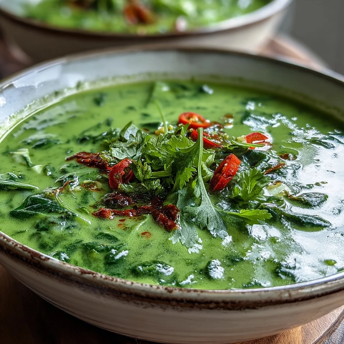Creamy coconut Spinach Coriander Lemongrass Soup in a white bowl, next to crusty bread for dipping.
