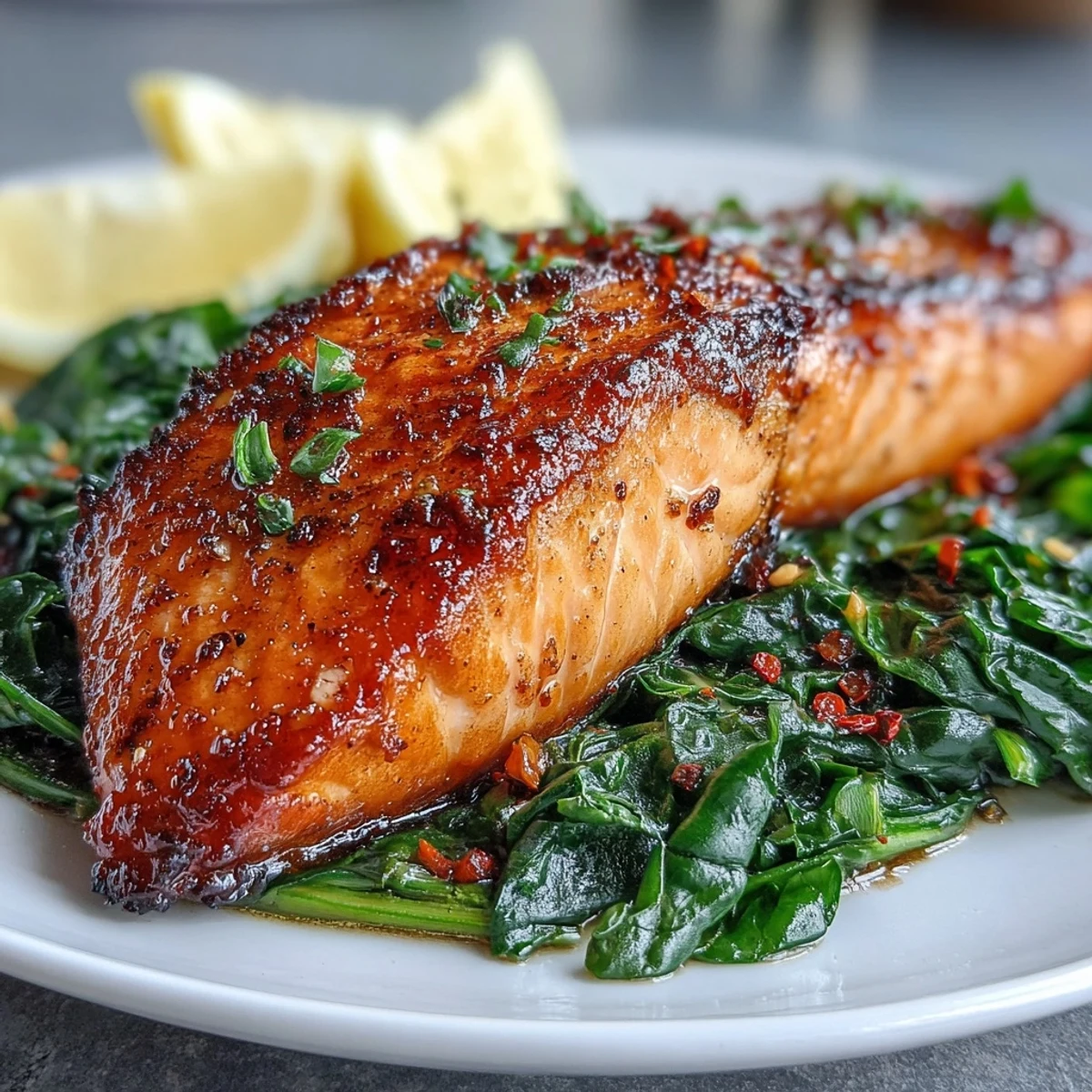 Healthy Air Fryer Salmon and Swiss Chard served with lemon wedges, perfect for quick weeknights or gluten-free meal prep.