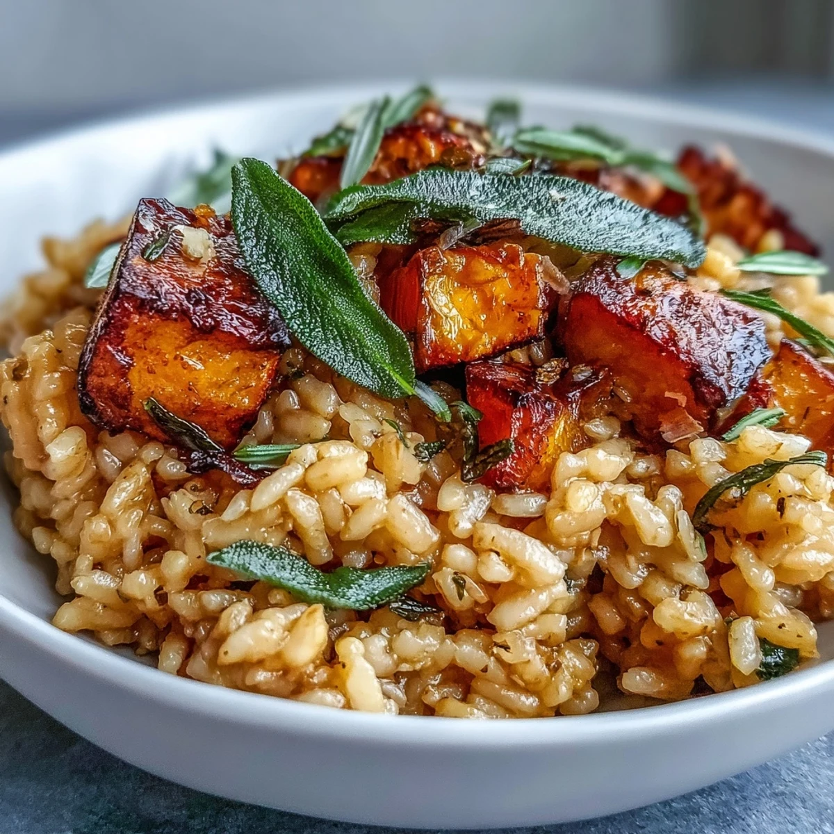 A comforting bowl of Vegan Pumpkin Risotto with crispy sage leaves garnishing the creamy, golden-hued arborio rice.  
