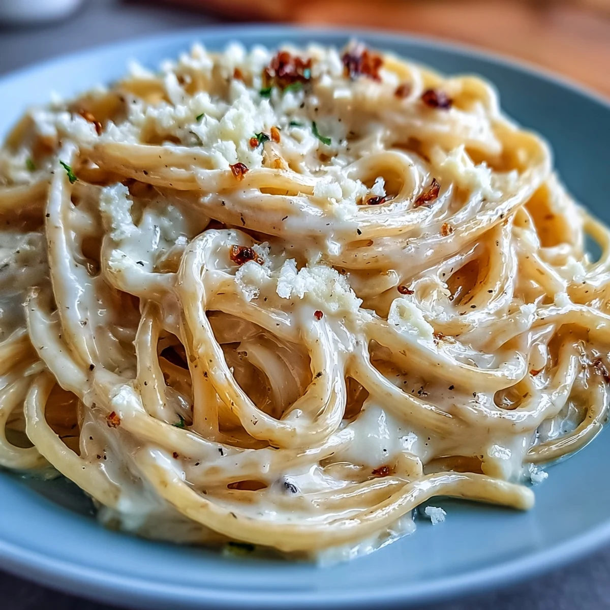 Steaming Cacio e Pepe pasta in a skillet, featuring al dente spaghetti coated in salty cheese and aromatic black pepper.