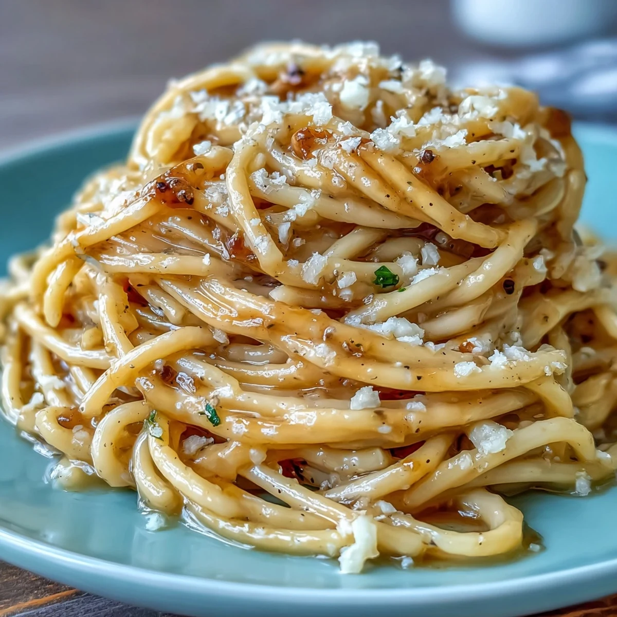 Freshly cracked black pepper and grated Pecorino Romano swirl into a creamy sauce in this classic Cacio e Pepe, served over hot spaghetti.