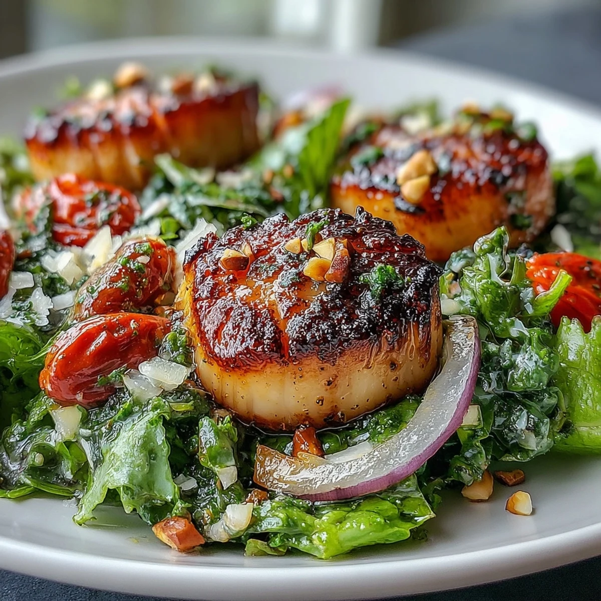 Savory seared scallops rest atop a crisp escarole salad, drizzled with vibrant pesto vinaigrette and shaved Parmesan.  