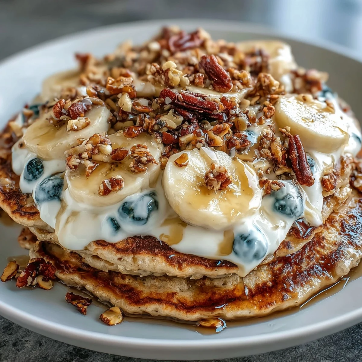 Warm Protein Pancake Bowl topped with creamy Greek yogurt, sliced bananas, fresh berries, and a sweet honey drizzle.