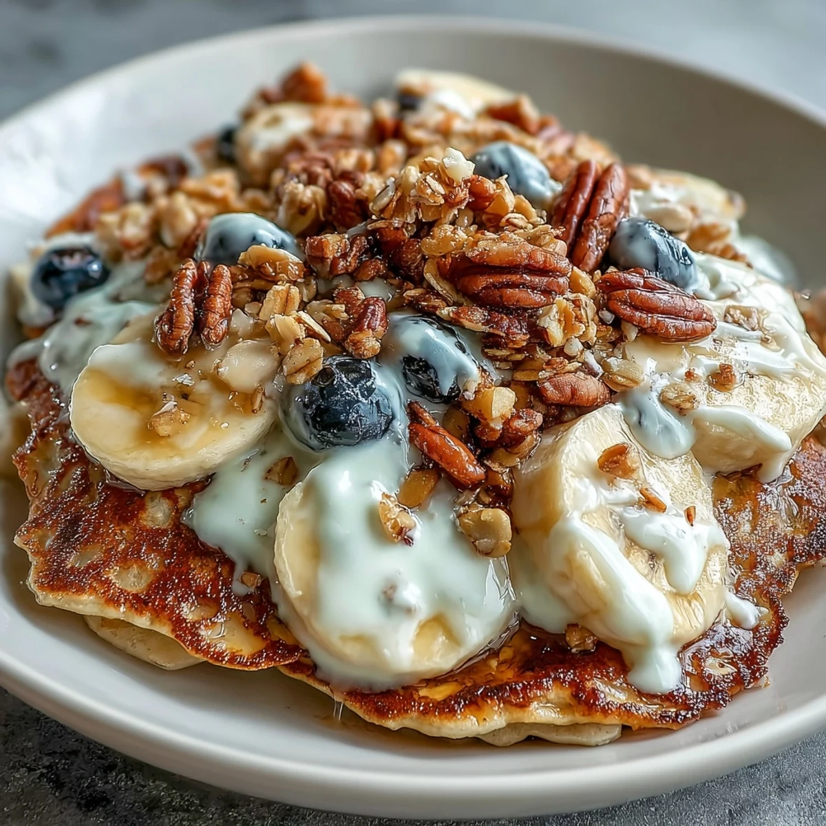 Thick Protein Pancake Bowl filled with oats, banana, and protein powder, loaded with crunchy nuts and granola.