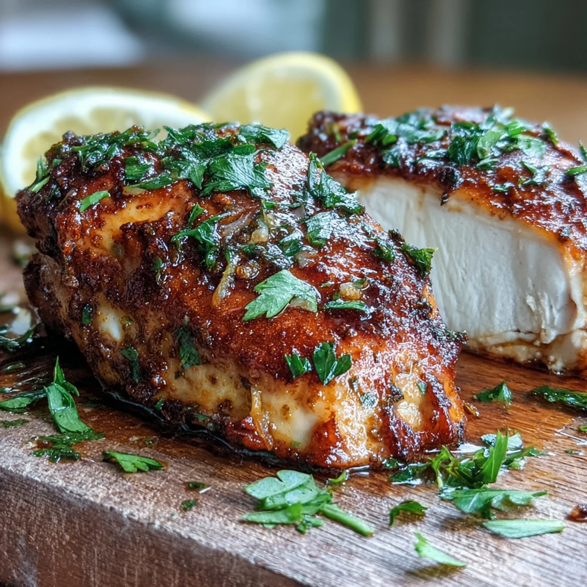 Golden-brown oven baked chicken breast garnished with fresh parsley and lemon slices on a rustic wooden board.