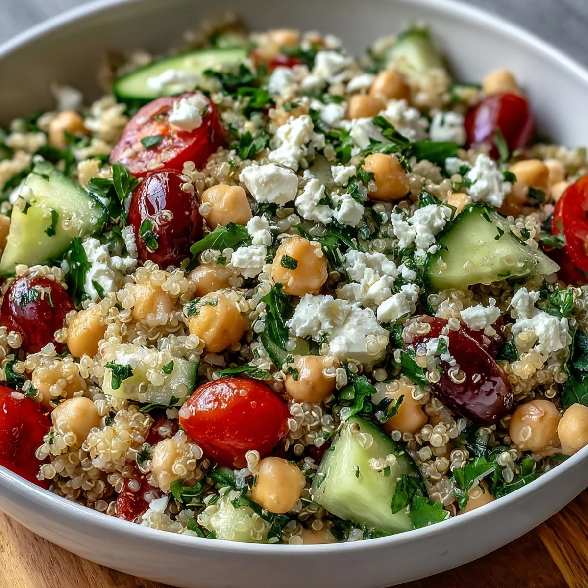 Fluffy quinoa, crisp cucumbers, and creamy feta in a vibrant High Protein Quinoa & Chickpea Salad served fresh.