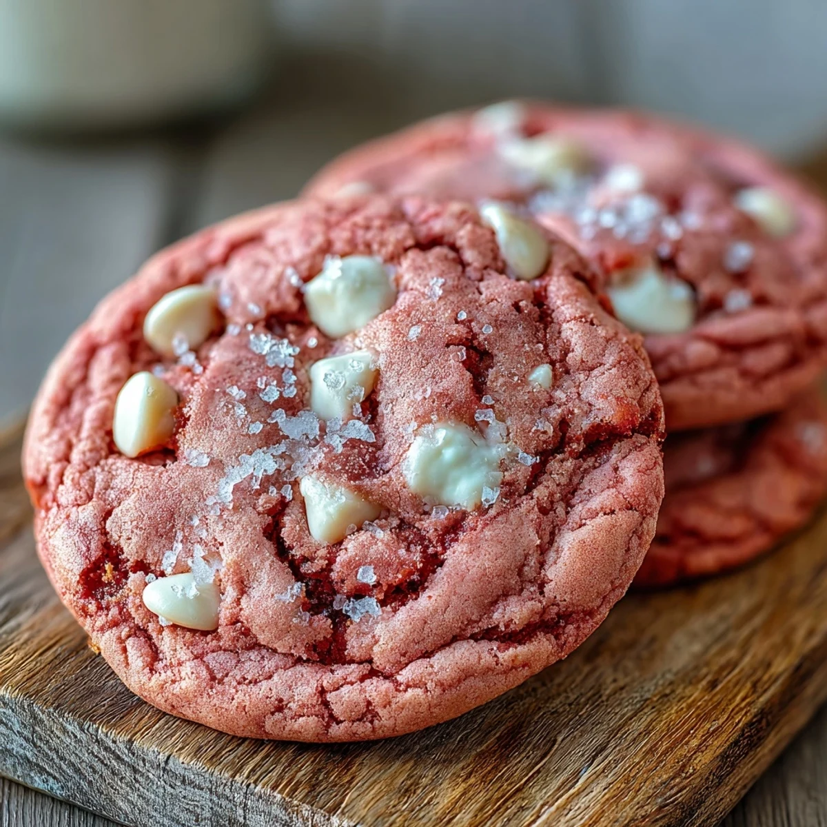 Plate of warm Pink Velvet Cookies served beside a glass of milk, perfect for a sweet snack.