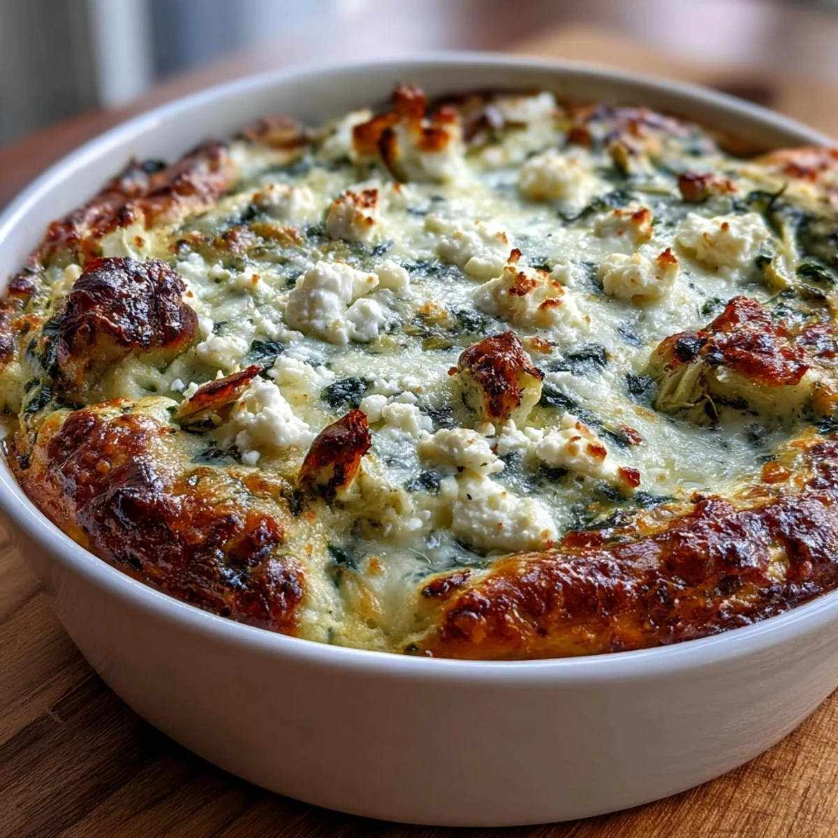 Golden, bubbly High Protein Spinach Artichoke Bake fresh from the oven, served as a warm low carb casserole main dish.
