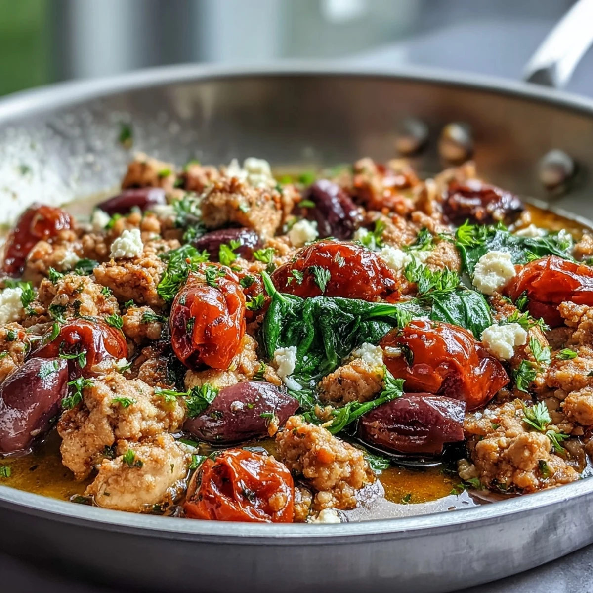 A steaming skillet of Mediterranean Keto Ground Chicken Skillet topped with crumbled feta and fresh parsley.