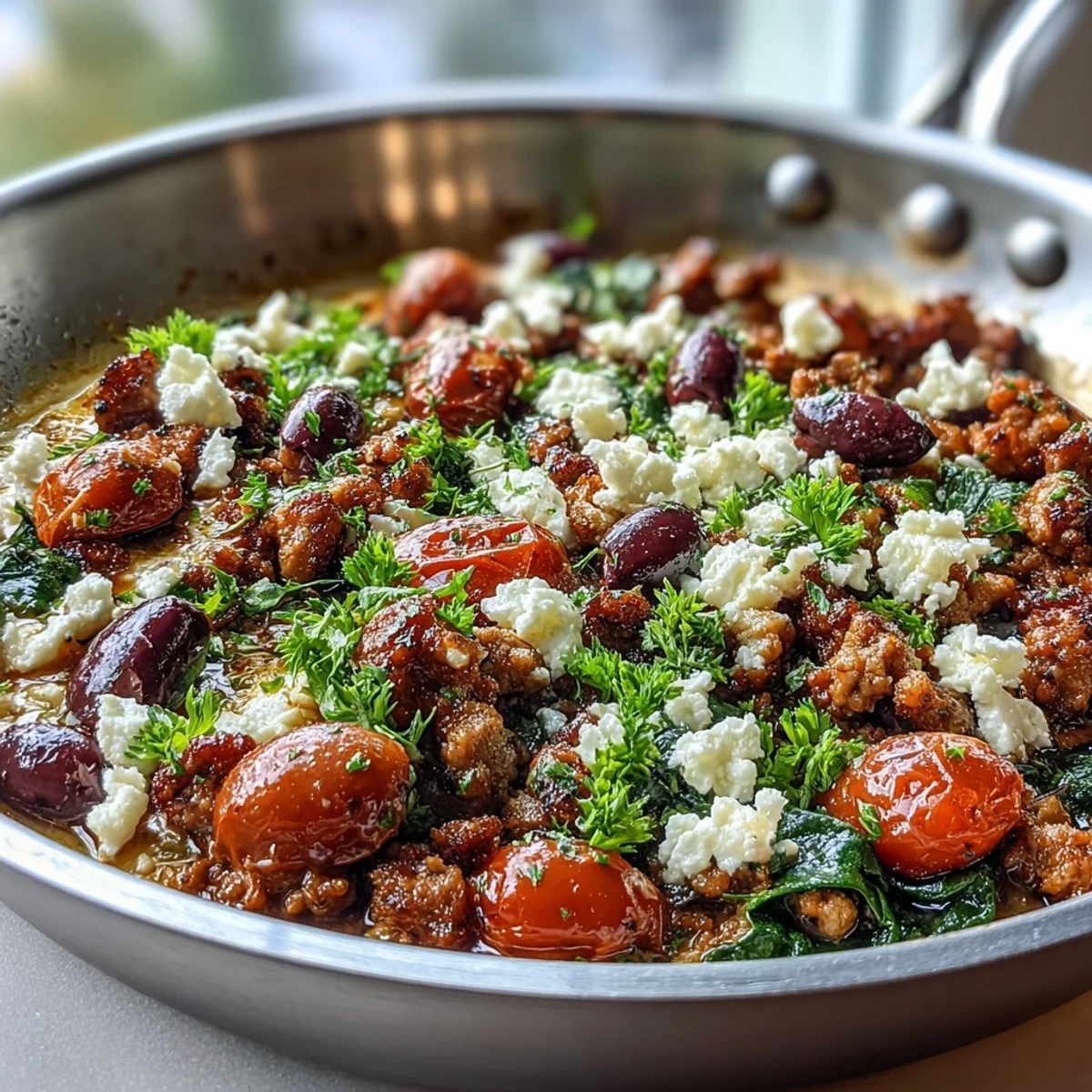 Spoon serving Mediterranean Keto Ground Chicken Skillet alongside a bowl of Greek salad for a low carb meal.