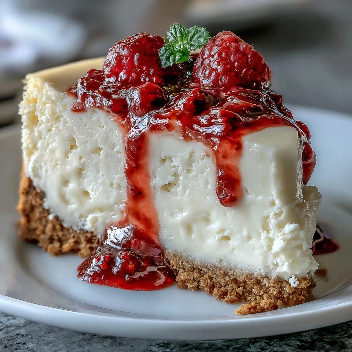 A creamy slice of Indulgent White Chocolate Raspberry Cheesecake Bliss with a graham cracker crust and vibrant red swirls.