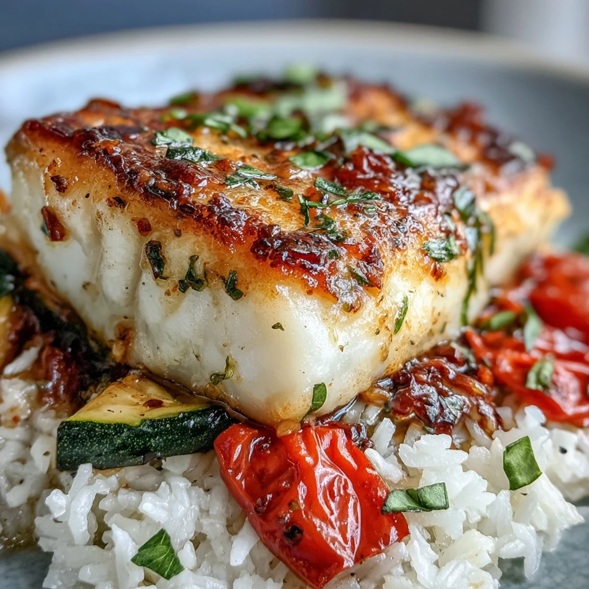 Perfectly seared white fish glistens atop fluffy rice with roasted vegetables and bright lemon sauce.