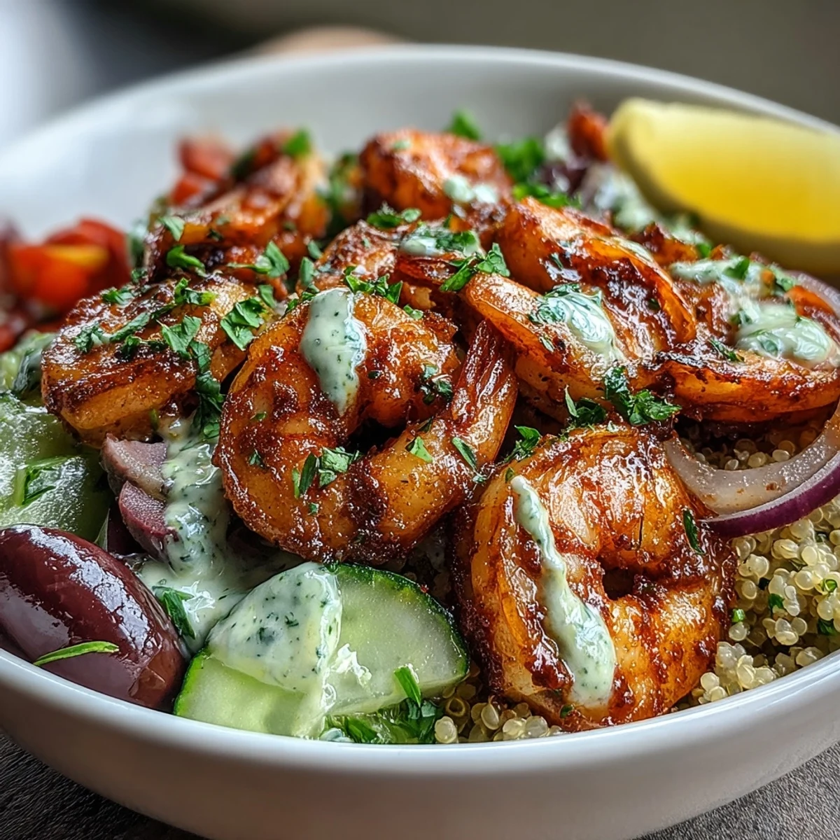 Freshly cooked shrimp seasoned with smoked paprika rest on a bed of quinoa and spinach, ready for a drizzle of creamy tahini sauce.