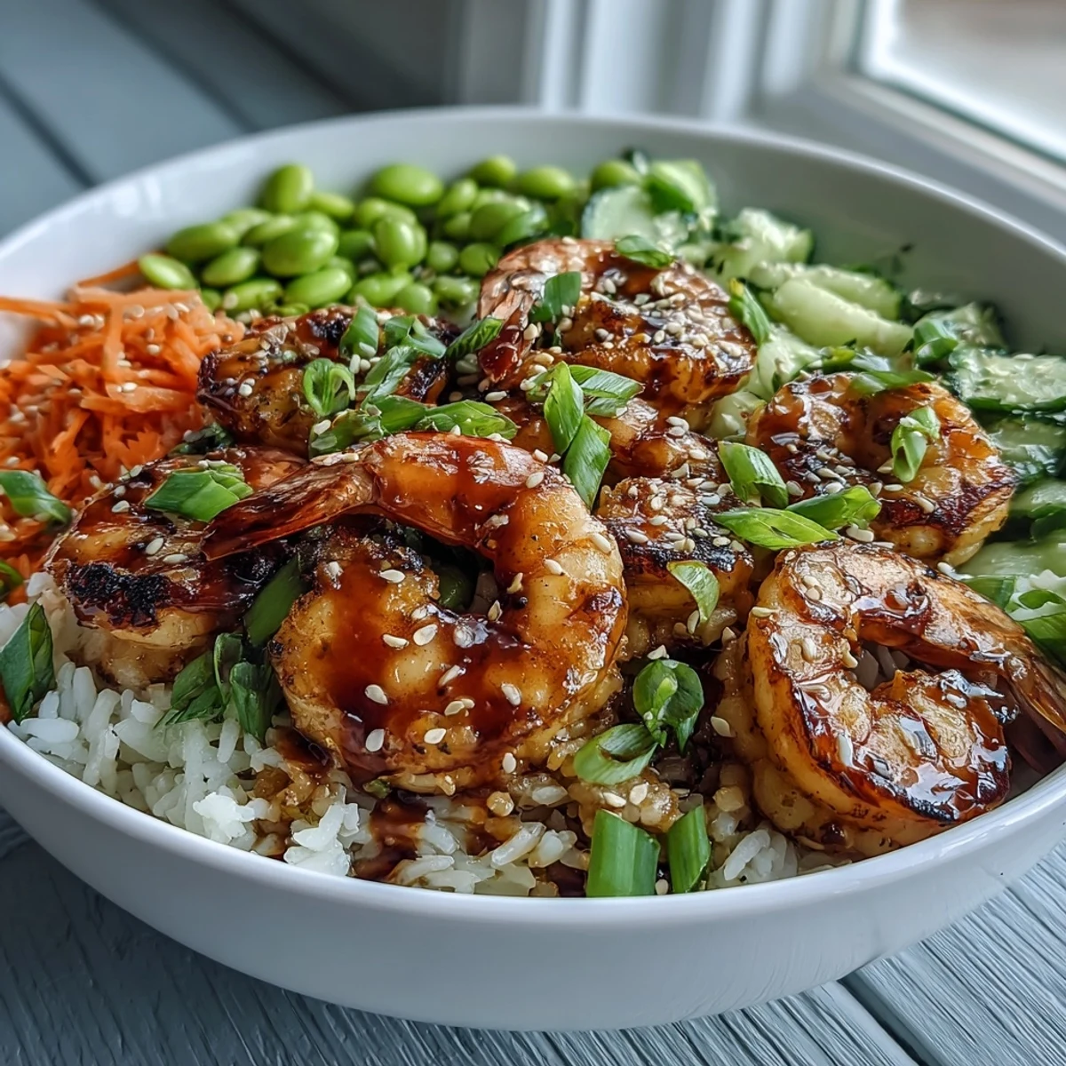 An overhead view of a vibrant Asian Shrimp Bowl featuring tender shrimp, crunchy vegetables, and a tangy ginger dressing over jasmine rice.
