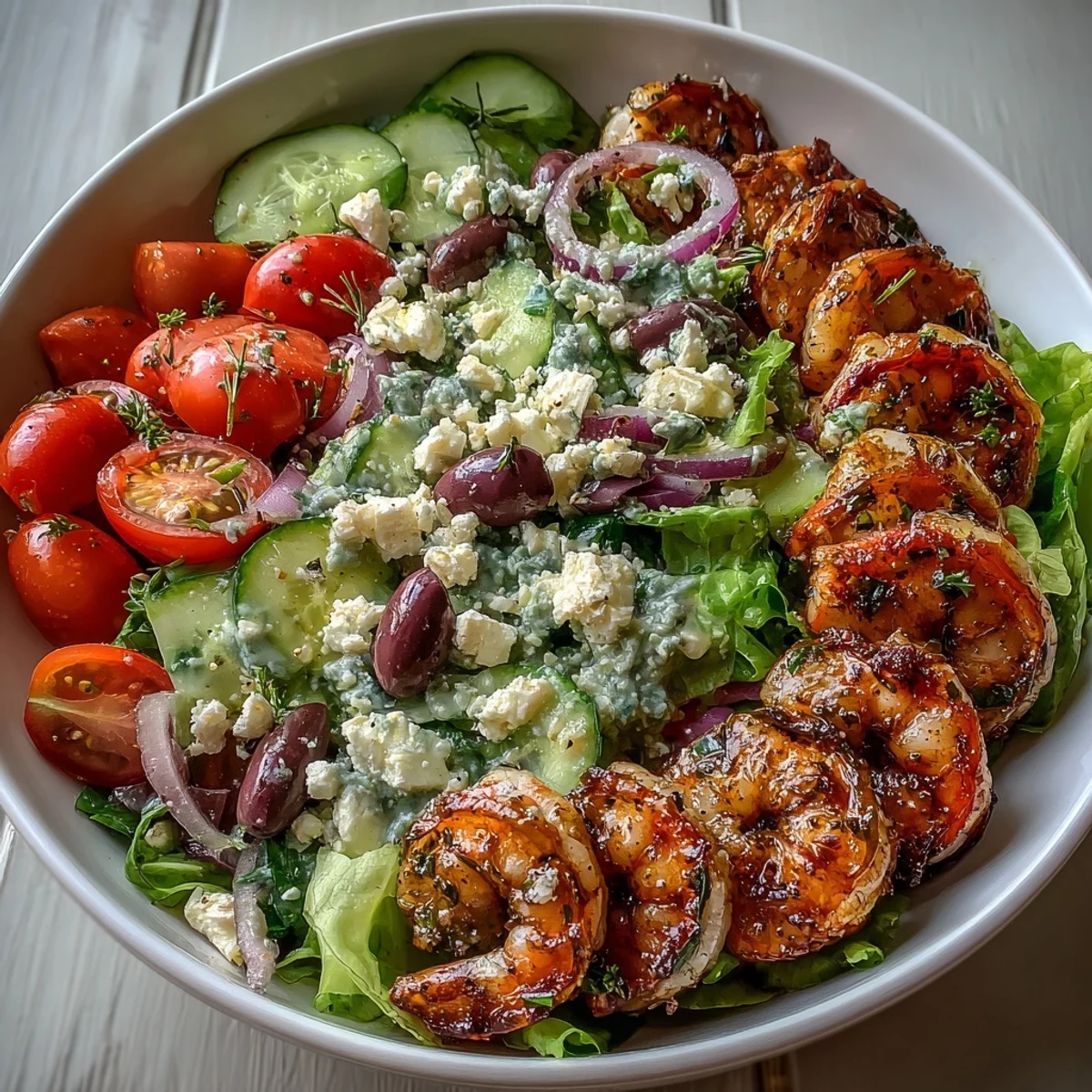 Greek Shrimp Bowl with grilled shrimp, feta, cucumber, and tomatoes, drizzled with lemon-olive oil dressing.