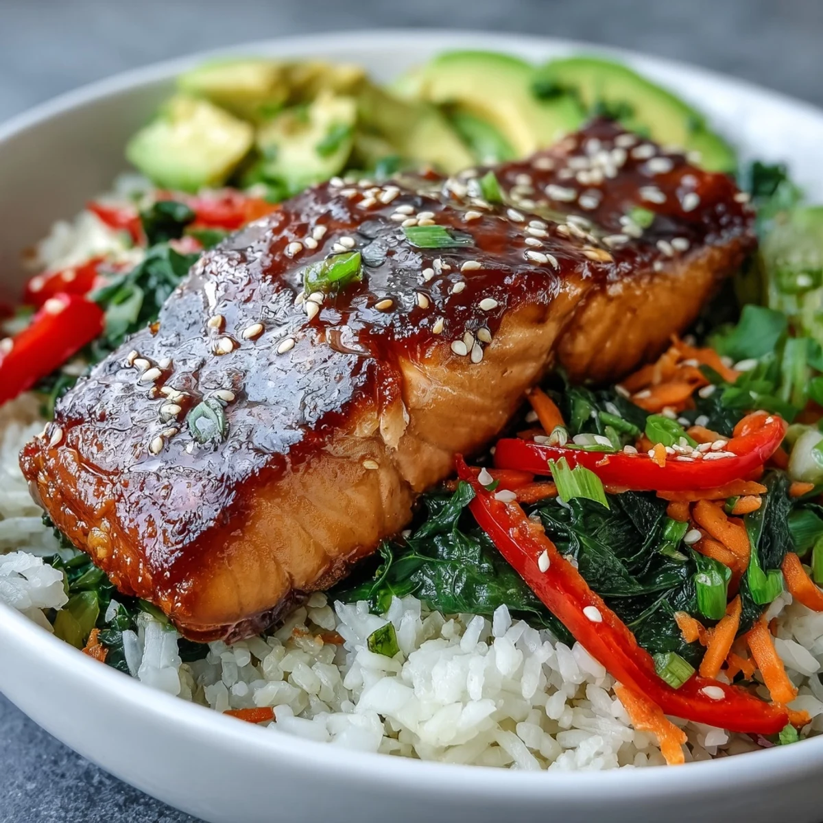 Sizzling soy ginger salmon fillet over steamed rice with edamame, carrots, and bok choy, drizzled with sauce.