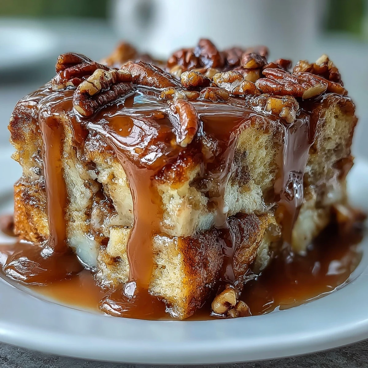 Freshly baked Guava Caramel Bread Pudding With Pecans served warm, garnished with chopped nuts and vanilla ice cream.