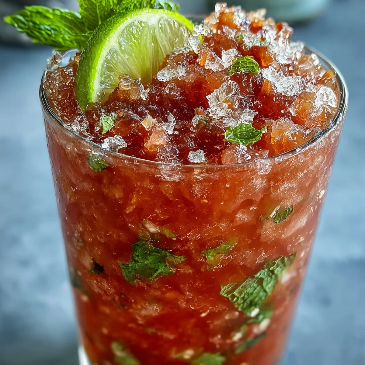A tall glass of Guava Mojito filled with crushed ice, mint leaves, and a lime wheel garnish.